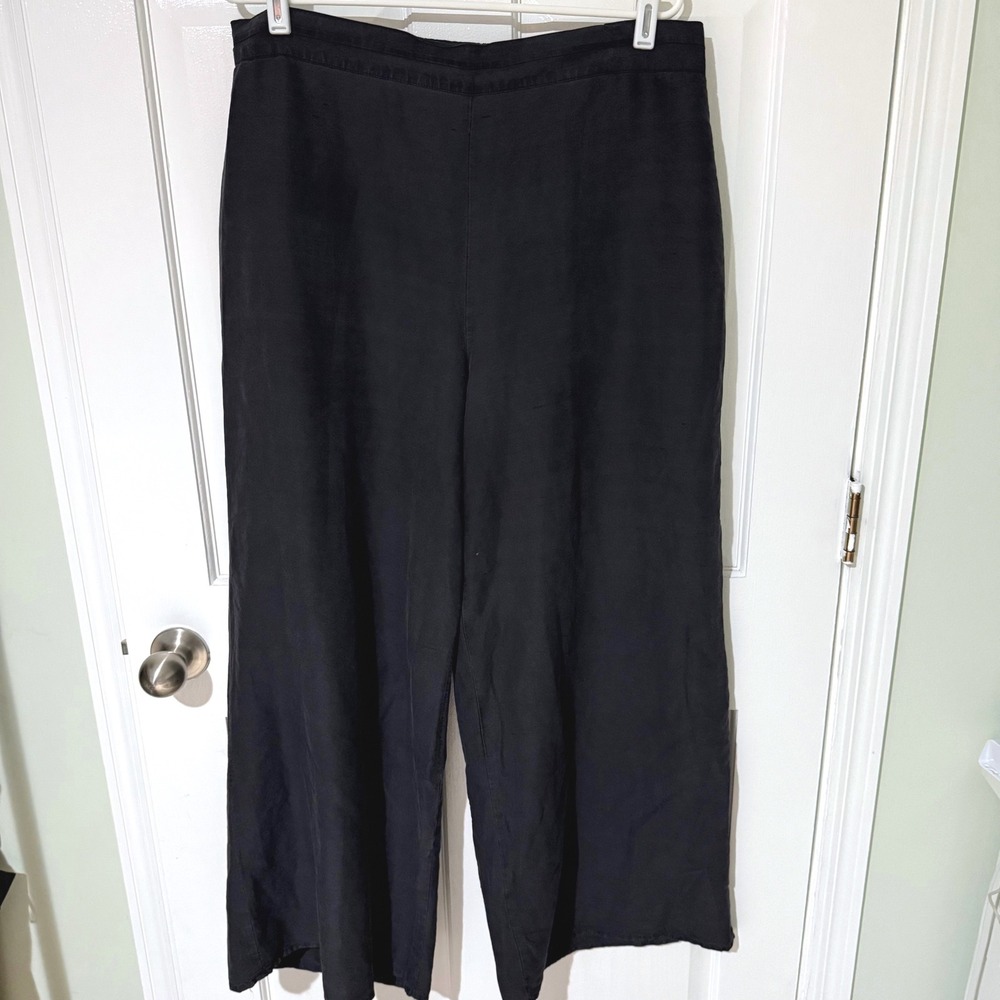 FLAX Black 100% Silk Wide Leg Pants Large Elastic Waist Side Button Trouser